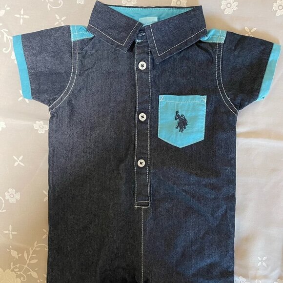 Us Polo Assn. Baby Boy One Piece Outfit Romper shorts denim 3m/6m Excellent used - Picture 1 of 9